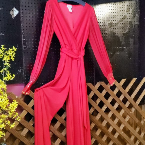 Glamorous Red Jumpsuit with slightly Sheer Sleeves at the wrist  Gold Embellishe - Picture 1 of 2
